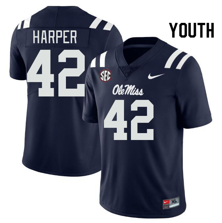 Youth #42 Jack Harper Ole Miss Rebels College Football Jerseys Stitched-Navy